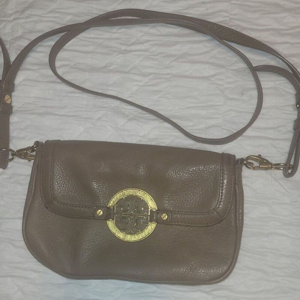 Tory Burch Amanda Taupe Leather Foldover Crossbody Double T Medallion